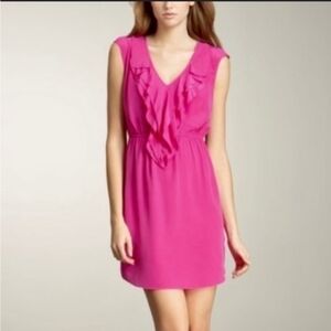 Rebecca Taylor Pink/Fuschia 100% Silk Ruffle Front Sleeveless V Neck Mini Dress